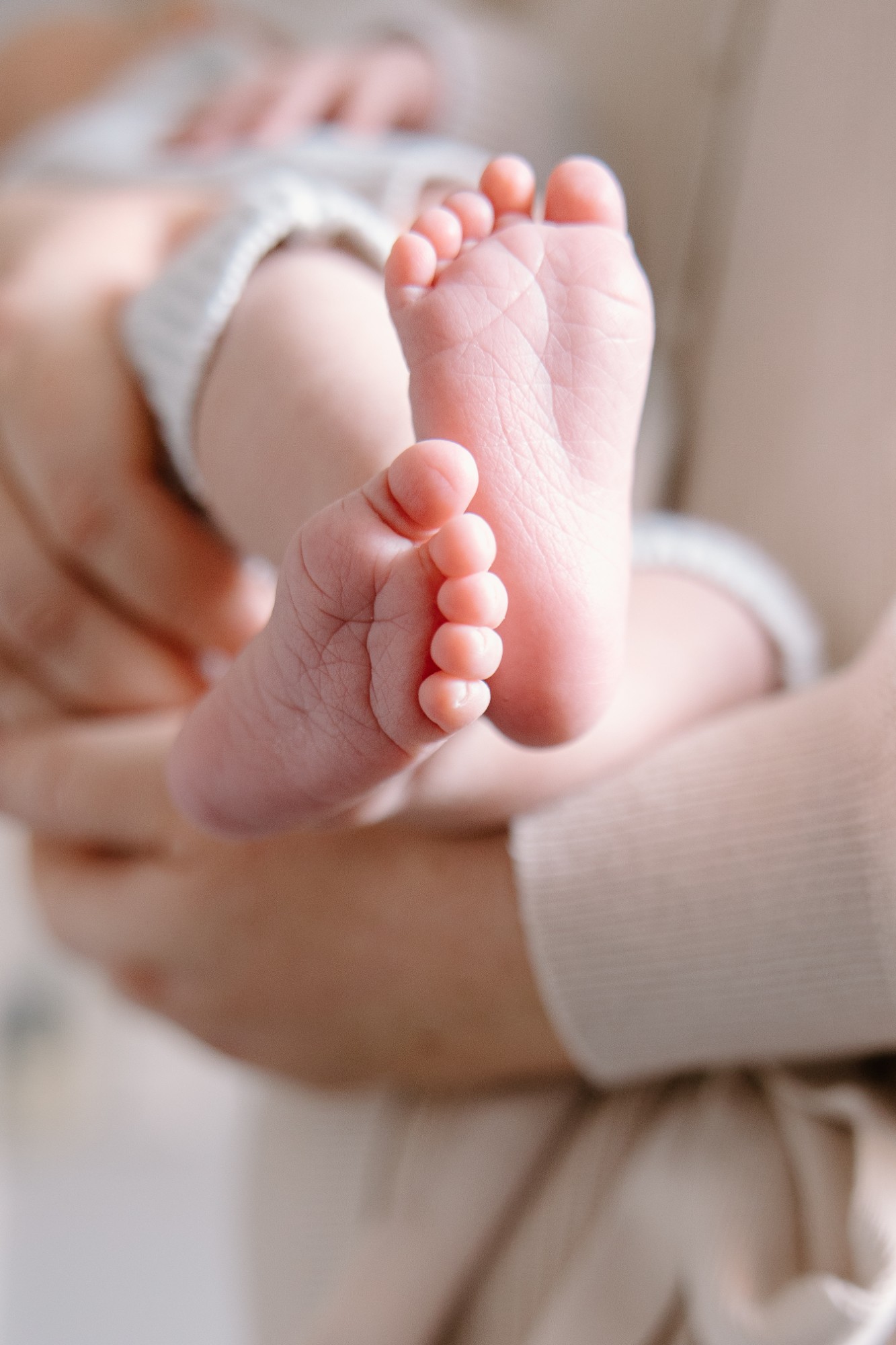 Close-up of tiny newborn toes cupped in a hand